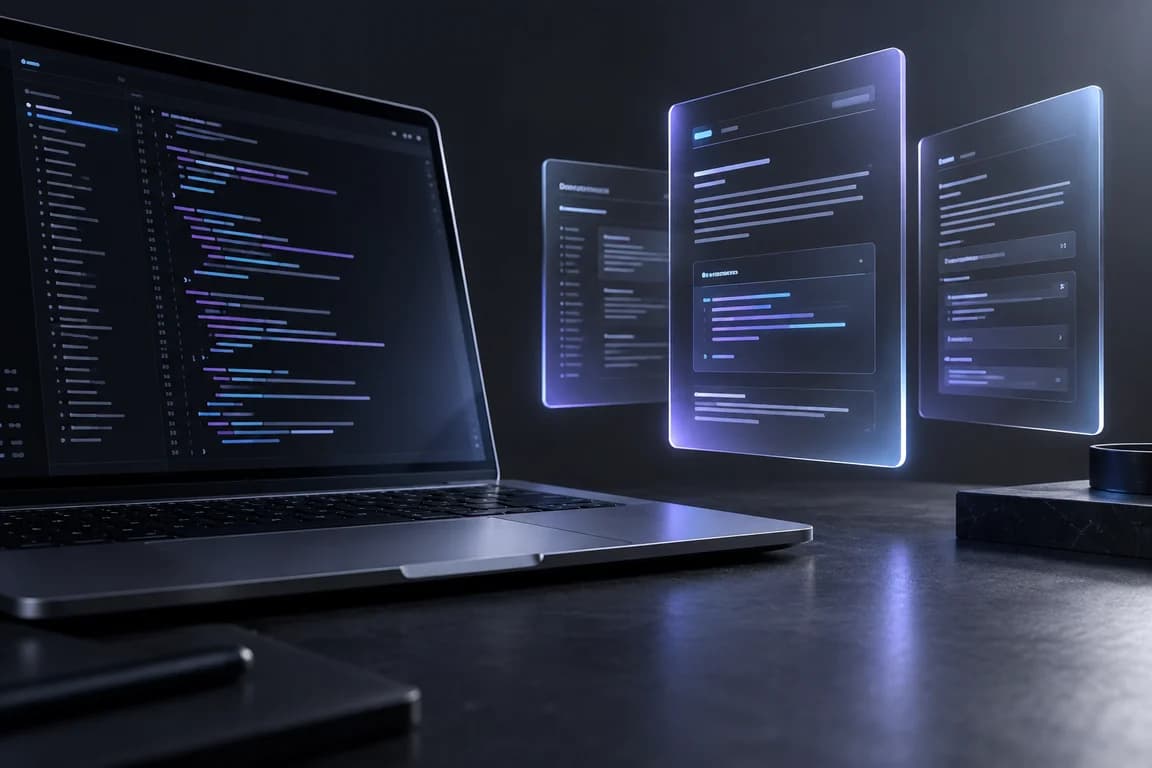 Laptop surrounded by documentation pages